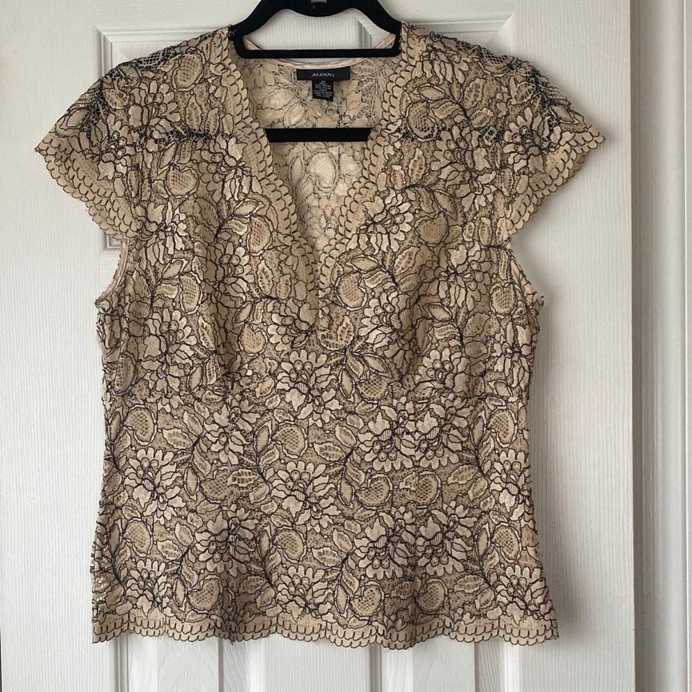 Alfani Cream and Black Sheer Lace Women's Blouse
